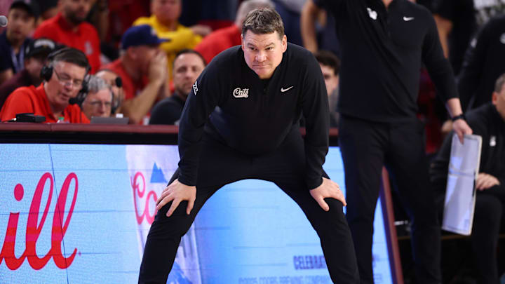 Jan 31, 2026; Tempe, Arizona, USA; Arizona Wildcats head coach Tommy Lloyd against the Arizona State Sun Devils in the second half at Desert Financial Arena. 