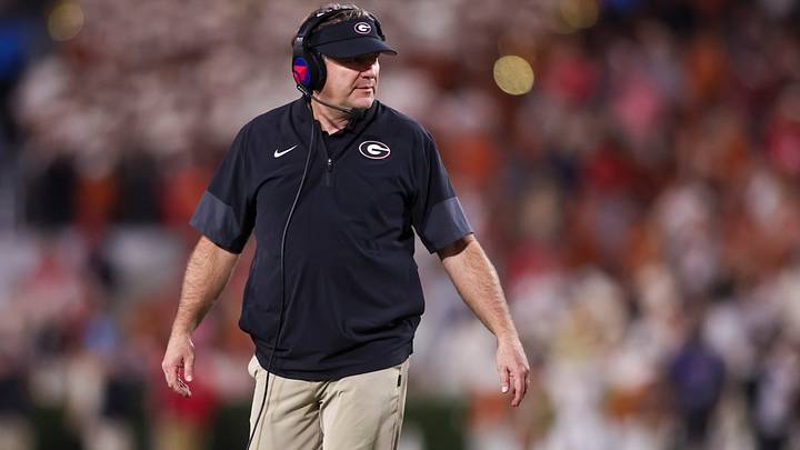 Nov 15, 2025; Athens, Georgia, USA; Georgia Bulldogs head coach Kirby Smart looks on in the second half against the Texas Longhorns  at Sanford Stadium. Mandatory Credit: Brett Davis-Imagn Images