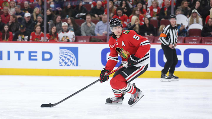 Feb 2, 2026; Chicago, Illinois, USA; Chicago Blackhawks defenseman Connor Murphy (5) skates with the puck during the second period against the San Jose Sharks at United Center. Mandatory Credit: Talia Sprague-Imagn Images Feb 2, 2026; Chicago, Illinois, USA; Chicago Blackhawks defenseman Connor Murphy (5) skates with the puck during the second period against the San Jose Sharks at United Center. Mandatory Credit: Talia Sprague-Imagn Images