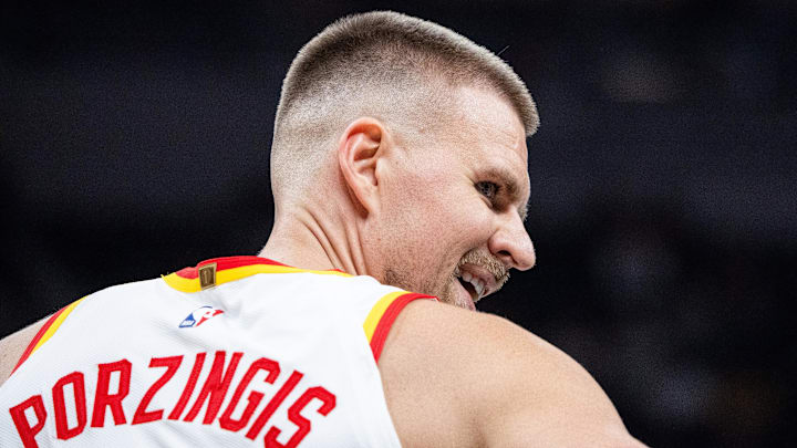 Oct 31, 2025; Indianapolis, Indiana, USA; Atlanta Hawks center Kristaps Porzingis (8) in the first half against the Indiana Pacers at Gainbridge Fieldhouse. Mandatory Credit: Trevor Ruszkowski-Imagn Images