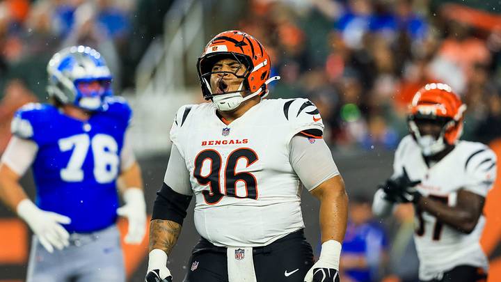 Aug 13, 2026; Cincinnati, Ohio, USA; Cincinnati Bengals defensive tackle Landon Robinson (96) reacts after a play in the first half against the Detroit Lions at Paycor Stadium. Mandatory Credit: Katie Stratman-Imagn Images