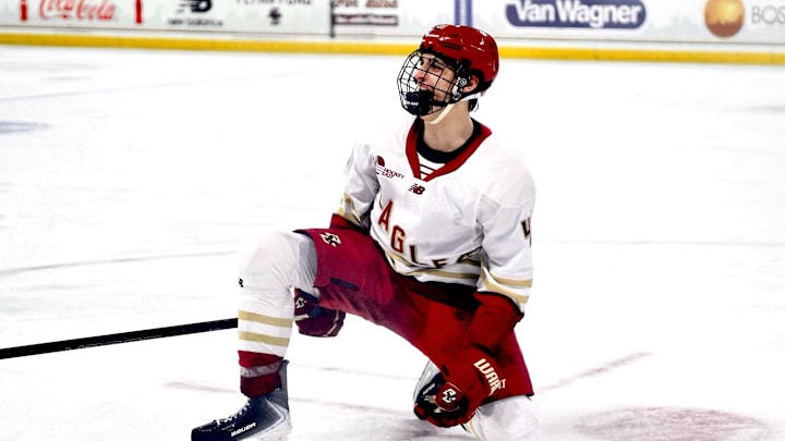Will Moore celebrates after tying the game in the third period at Conte Forum on Jan. 16, 2026.