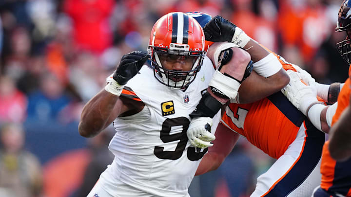 Nov 26, 2023; Denver, Colorado, USA; Cleveland Browns defensive end Myles Garrett (95) rushes past