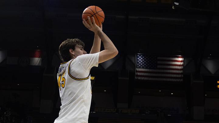 Nov 9, 2025; Columbia, Missouri, USA; Missouri Tigers forward Luke Northweather (45) attempts a shot during a game against the VMI Keydets.
