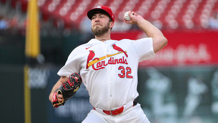 Apr 13, 2026; St. Louis, Missouri, USA; St. Louis Cardinals starting pitcher Matthew Liberatore (32) pitches against the Cleveland Guardians during the first inning at Busch Stadium. Mandatory Credit: Jeff Curry-Imagn Images