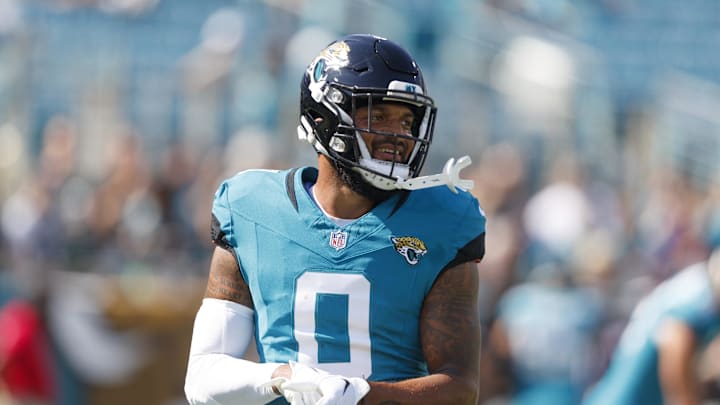 Oct 27, 2024; Jacksonville, Florida, USA; Jacksonville Jaguars wide receiver Gabe Davis (0) before the game against the Green Bay Packers at EverBank Stadium. Mandatory Credit: Morgan Tencza-Imagn Images Oct 27, 2024; Jacksonville, Florida, USA; Jacksonville Jaguars wide receiver Gabe Davis (0) before the game against the Green Bay Packers at EverBank Stadium. Mandatory Credit: Morgan Tencza-Imagn Images