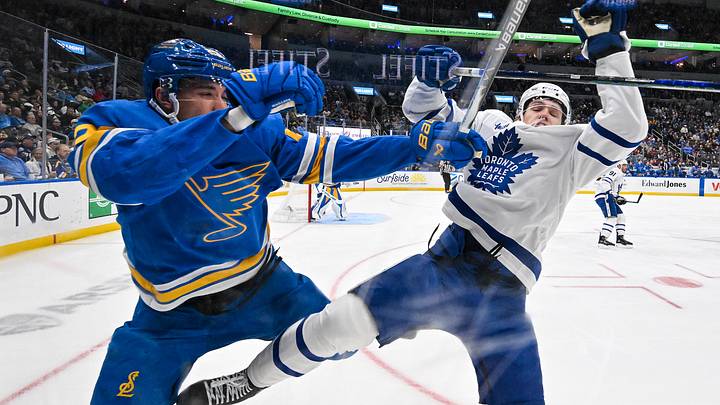 Mar 28, 2026; St. Louis, Missouri, USA; Toronto Maple Leafs right wing Easton Cowan (53) checks St. Louis Blues defenseman Logan Mailloux (23) during the first period at Enterprise Center. Mandatory Credit: Jeff Curry-Imagn Images Mar 28, 2026; St. Louis, Missouri, USA; Toronto Maple Leafs right wing Easton Cowan (53) checks St. Louis Blues defenseman Logan Mailloux (23) during the first period at Enterprise Center. Mandatory Credit: Jeff Curry-Imagn Images