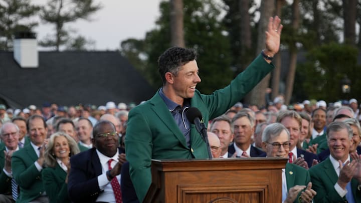 Rory McIlroy speaks after receiving the green jacket and winning the Masters Tournament on Apr 13, 2025.