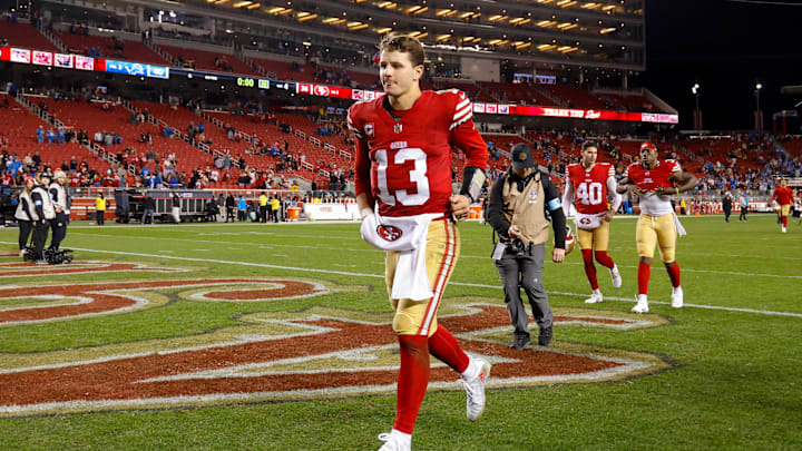 Dec 30, 2024; Santa Clara, California, USA; San Francisco 49ers quarterback Brock Purdy (13) during the game against the Detroit Lions at Levi's Stadium. Mandatory Credit: Sergio Estrada-Imagn Images