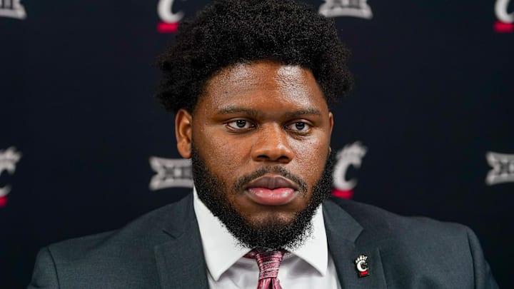 Jul 8, 2025; Frisco, TX, USA; Cincinnati defensive lineman Dontay Corleone answers questions from the media during 2025 Big 12 Football Media Days at The Star. Mandatory Credit: Raymond Carlin III-Imagn Images