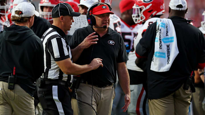 Sep 13, 2025; Knoxville, Tennessee, USA; The Georgia Bulldogs head coach Kirby Smart looks on after the game against the Tennessee Volunteers at Neyland Stadium. Mandatory Credit: Alan Poizner-Imagn Images