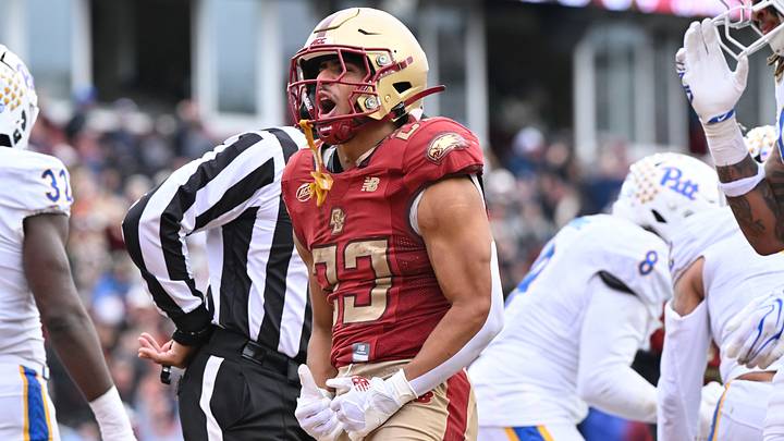 Oct 17, 2026; Chestnut Hill, MA, USA; Boston College Eagles running back Evan Dickens (23) reacts to his touchdown against the Pittsburgh Panthers during the second half at Alumni Stadium. Mandatory Credit: Eric Canha-Imagn Images Oct 17, 2026; Chestnut Hill, MA, USA; Boston College Eagles running back Evan Dickens (23) reacts to his touchdown against the Pittsburgh Panthers during the second half at Alumni Stadium. Mandatory Credit: Eric Canha-Imagn Images