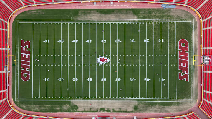 Apr 26, 2023; Kansas City, MO, USA; An aerial view of Arrowhead Stadium, the home of the Kansas City Chiefs. Mandatory Credit: Kirby Lee-Imagn Images