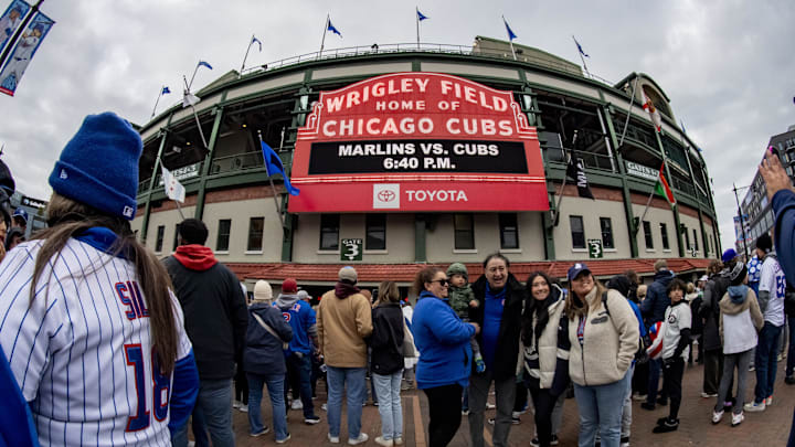 Apr 20, 2024; Chicago, Illinois, USA; A general wide angle view outside with the marquee before a game between the Chicago Cubs and the Miami Marlins at Wrigley Field. 