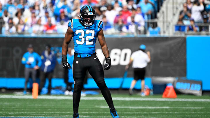 Carolina Panthers linebacker Trevin Wallace (32) reacts in the first quarter