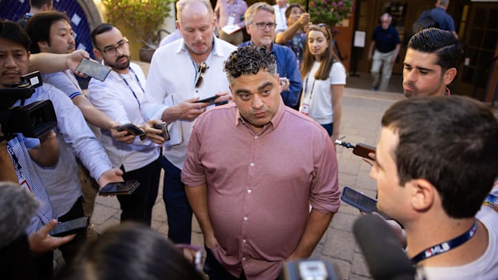 Nov 7, 2023; Scottsdale, AZ, USA; Los Angeles Angels general manager Perry Minasian speaks to the media during the MLB General Manager's Meetings at Omni Scottsdale Resort & Spa. Mandatory Credit: Mark J. Rebilas-Imagn Images