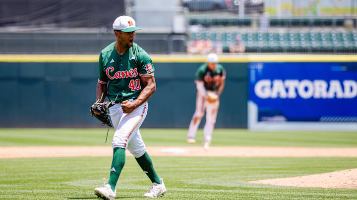 May 23, 2024; Charlotte, NC, USA; Miami (Fl) Hurricanes pitcher Myles Caba (40) celebrates after a strikeout in the eighth inning against the Clemson Tigers during the ACC Baseball Tournament at Truist Field. Mandatory Credit: Scott Kinser-Imagn Images