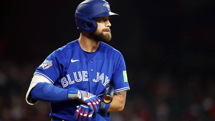 Apr 19, 2026; Phoenix, Arizona, USA; Toronto Blue Jays outfielder Nathan Lukes against the Arizona Diamondbacks at Chase Field. 