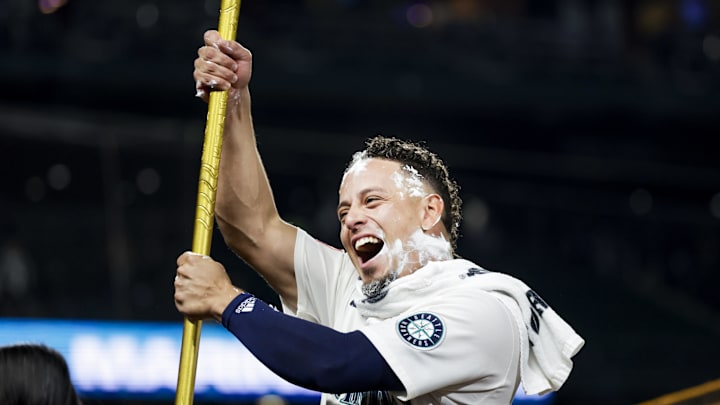 Sep 10, 2025; Seattle, Washington, USA; Seattle Mariners second baseman Leo Rivas (76) celebrates after hitting a walk-off two-run home run against the St. Louis Cardinals during during the thirteenth inning at T-Mobile Park. Mandatory Credit: Joe Nicholson-Imagn Images