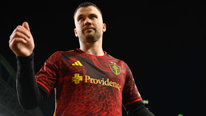 May 29, 2024; Seattle, Washington, USA; Seattle Sounders midfielder Albert Rusnák (11) leaves the pitch after the match against the Real Salt Lake at Lumen Field. Mandatory Credit: Steven Bisig-Imagn Images