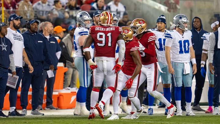 Oct 27, 2024; Santa Clara, California, USA; San Francisco 49ers defensive tackle Sam Okuayinonu (91) and San Francisco 49ers cornerback Charvarius Ward (7) celebrate after the play in front of the Dallas Cowboys bench during the fourth quarter at Levi's Stadium. Mandatory Credit: Neville E. Guard-Imagn Images