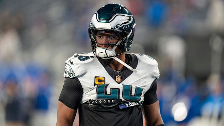 Philadelphia Eagles running back Saquon Barkley (26) warms up during a Thursday Night Football game between the New York Giants and the Philadelphia Eagles at MetLife Stadium in East Rutherford on Oct. 9, 2025. Philadelphia Eagles running back Saquon Barkley (26) warms up during a Thursday Night Football game between the New York Giants and the Philadelphia Eagles at MetLife Stadium in East Rutherford on Oct. 9, 2025.