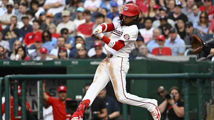 Jun 3, 2025; Washington, District of Columbia, USA; Washington Nationals shortstop CJ Abrams (5) hits a RBI ground out against the Chicago Cubs during the third inning at Nationals Park. Mandatory Credit: Brad Mills-Imagn Images Jun 3, 2025; Washington, District of Columbia, USA; Washington Nationals shortstop CJ Abrams (5) hits a RBI ground out against the Chicago Cubs during the third inning at Nationals Park. Mandatory Credit: Brad Mills-Imagn Images