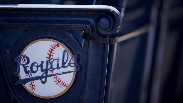Apr 1, 2021; Kansas City, Missouri, USA; A general view of the Kansas City Royals logo on seats with complimentary flags for fans before the Opening Day game against the Texas Rangers Kauffman Stadium. Mandatory Credit: Denny Medley-Imagn Images
