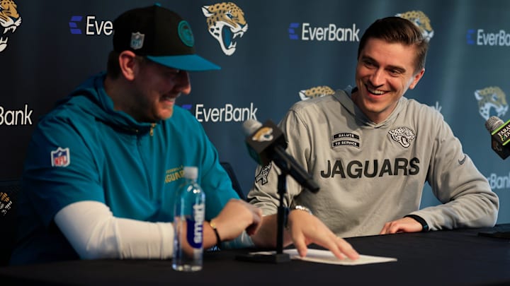 Jacksonville Jaguars general manager James Gladstone, right, smiles at head coach Liam Coen during a press conference at Miller Electric Center Tuesday, April 15, 2025 in Jacksonville, Fla. [Corey Perrine/Florida Times-Union]