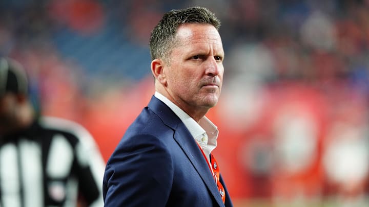Dec 2, 2024; Denver, Colorado, USA; Denver Broncos general manager George Paton before the game against the Cleveland Browns at Empower Field at Mile High. Mandatory Credit: Ron Chenoy-Imagn Images