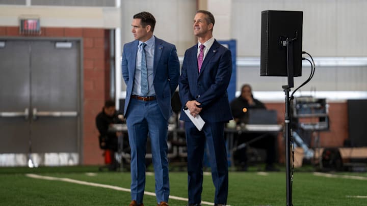 General Manager Joe Schoen, left, and new New Giants Head Coach John Harbaugh stand together during a press conference introducing new Head Coach John Harbaugh at the Quest Diagnostics Training Center in East Rutherford on Tuesday, Jan. 20, 2025.