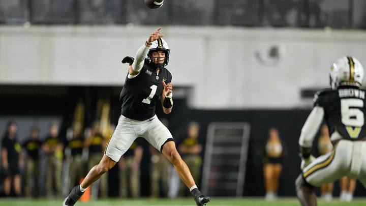 Sep 5, 2026; Nashville, Tennessee, USA; Vanderbilt Commodores quarterback Blaze Berlowitz (1) throws a pass against the Austin Peay Governors during the second half at FirstBank Stadium. Mandatory Credit: Steve Roberts-Imagn Images Sep 5, 2026; Nashville, Tennessee, USA; Vanderbilt Commodores quarterback Blaze Berlowitz (1) throws a pass against the Austin Peay Governors during the second half at FirstBank Stadium. Mandatory Credit: Steve Roberts-Imagn Images