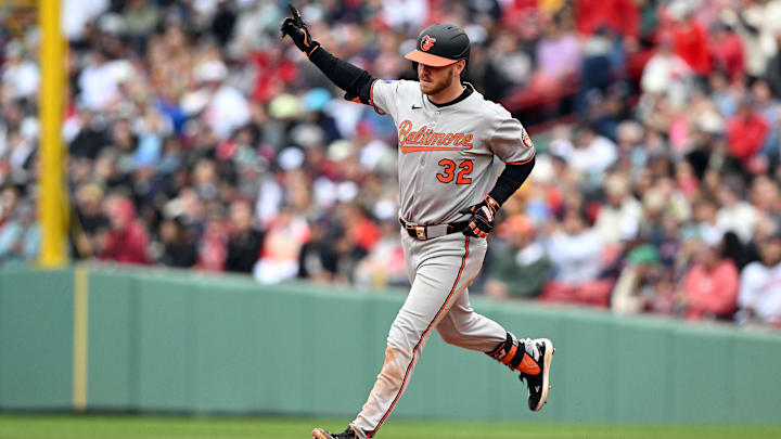 May 25, 2025; Boston, Massachusetts, USA; Baltimore Orioles right fielder Ryan O'Hearn (32) runs the bases after hitting a solo home run against the Boston Red Sox during the sixth inning at Fenway Park.