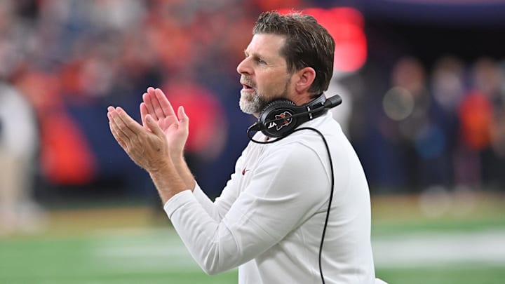 Nov 2, 2024; Syracuse, New York, USA; Virginia Tech Hokies head coach Brent Pry reacts to a play against the Syracuse Orange in the third quarter at JMA Wireless Dome. Mandatory Credit: Mark Konezny-Imagn Images