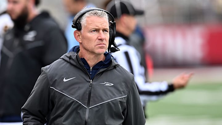 Oct 25, 2025; Pullman, Washington, USA; Toledo Rockets head coach Jason Candle looks on against the Washington State Cougars in the second half at Gesa Field at Martin Stadium. Mandatory Credit: James Snook-Imagn Images