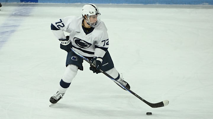Oct 10, 2025; University Park, PA, USA; Penn State Nittany Lions forward Gavin McKenna (72) controls the puck in the first period of a game against the Clarkson Golden Knights at Pegula Ice Arena. Mandatory Credit: Barry Reeger-Imagn Images Oct 10, 2025; University Park, PA, USA; Penn State Nittany Lions forward Gavin McKenna (72) controls the puck in the first period of a game against the Clarkson Golden Knights at Pegula Ice Arena. Mandatory Credit: Barry Reeger-Imagn Images
