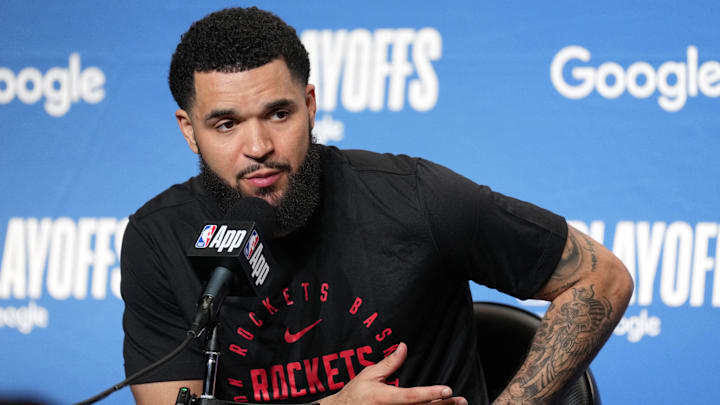 Apr 26, 2025; San Francisco, California, USA; Houston Rockets guard Fred VanVleet talks to media members after game three of first round for the 2024 NBA Playoffs at Chase Center. Mandatory Credit: Darren Yamashita-Imagn Images