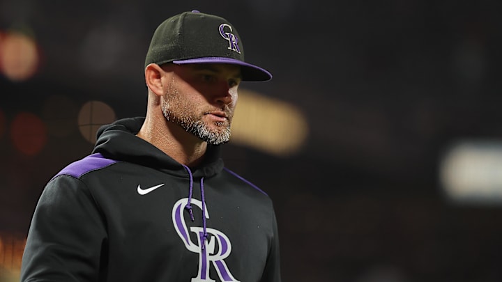 Sep 26, 2025; San Francisco, California, USA; Colorado Rockies interim manager Warren Schaeffer (34) walks to the dugout after speaking with the home plate umpire after the bottom of the third inning against the San Francisco Giants at Oracle Park. Sep 26, 2025; San Francisco, California, USA; Colorado Rockies interim manager Warren Schaeffer (34) walks to the dugout after speaking with the home plate umpire after the bottom of the third inning against the San Francisco Giants at Oracle Park.