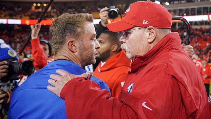 Nov 27, 2022; Kansas City, Missouri, USA; Los Angeles Rams head coach Sean McVay greets Kansas City Chiefs head coach Andy Reid after the game at GEHA Field at Arrowhead Stadium. Mandatory Credit: Denny Medley-USA TODAY Sports