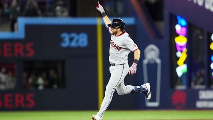 Apr 24, 2026: Cleveland Guardians second baseman Daniel Schneemann (10) celebrates hitting a home run against the Toronto Blue Jays during the first inning at Rogers Centre. 