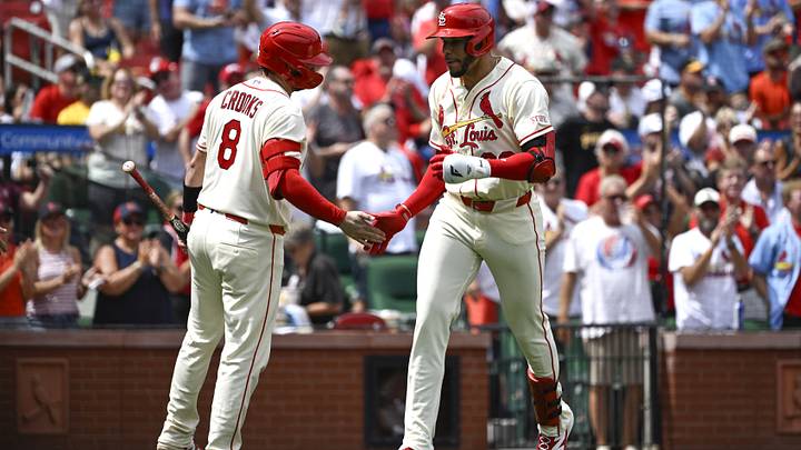 Aug 29, 2026; St. Louis, Missouri, USA; St. Louis Cardinals left fielder Joshua Baez (22) is congratulated by St. Louis Cardinals catcher Jimmy Crooks (8) after hitting a solo home run against the Pittsburgh Pirates in the third inning at Busch Stadium. Mandatory Credit: Joe Puetz-Imagn Images Aug 29, 2026; St. Louis, Missouri, USA; St. Louis Cardinals left fielder Joshua Baez (22) is congratulated by St. Louis Cardinals catcher Jimmy Crooks (8) after hitting a solo home run against the Pittsburgh Pirates in the third inning at Busch Stadium. Mandatory Credit: Joe Puetz-Imagn Images
