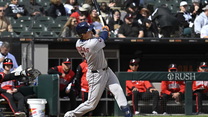 May 3, 2025; Chicago, Illinois, USA; Houston Astros outfielder Jake Meyers (6) hits an RBI double during the eighth inning against the Chicago White Sox at Rate Field. May 3, 2025; Chicago, Illinois, USA; Houston Astros outfielder Jake Meyers (6) hits an RBI double during the eighth inning against the Chicago White Sox at Rate Field.