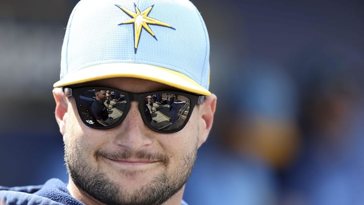 Feb 25, 2025; Port Charlotte, Florida, USA;  Tampa Bay Rays pitcher Shane McClanahan (18) looks on against the Philadelphia Phillies during the first inning at Charlotte Sports Park. Mandatory Credit: Kim Klement Neitzel-Imagn Images