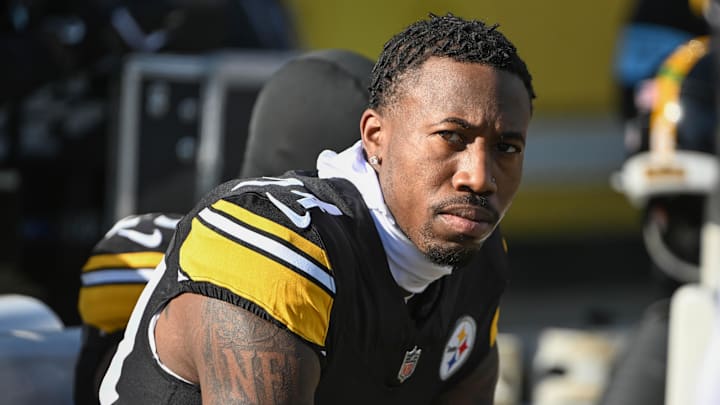 Dec 8, 2024; Pittsburgh, Pennsylvania, USA; Pittsburgh Steelers cornerback Joey Porter Jr. (24) sits on the bench during a game against the Cleveland Browns at Acrisure Stadium. Mandatory Credit: Barry Reeger-Imagn Images