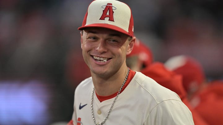Sep 24, 2025; Anaheim, California, USA;  Los Angeles Angels catcher Logan O'Hoppe (14) in the dugout against the Kansas City Royals at Angel Stadium. Mandatory Credit: Jayne Kamin-Oncea-Imagn Images
