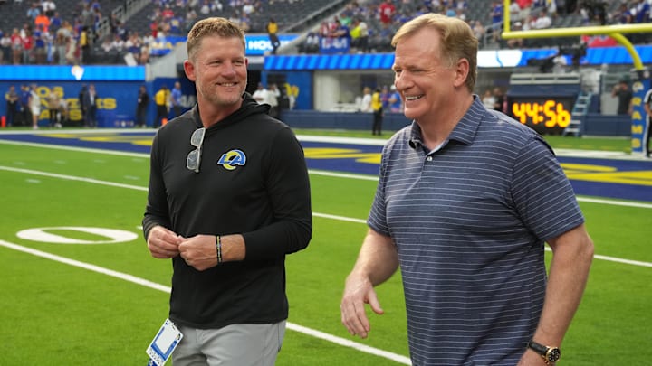 Sep 8, 2022; Inglewood, California, USA; Commissioner of the NFL Roger Goodell talks with Rams General Manager Les Snead before the game between the Los Angeles Rams and the Buffalo Bills at SoFi Stadium. Mandatory Credit: Kirby Lee-Imagn Images
