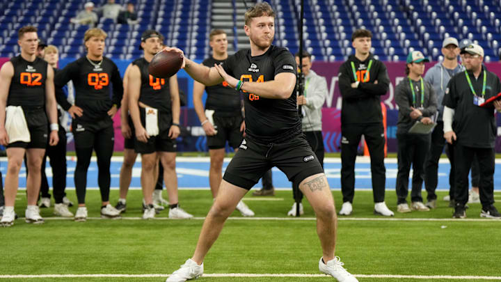 Mar 1, 2025; Indianapolis, IN, USA; Texas quarterback Quinn Ewers (QB04) during the 2025 NFL Combine at Lucas Oil Stadium. Mandatory Credit: Kirby Lee-Imagn Images