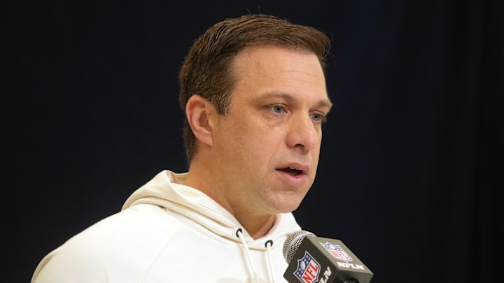 Feb 25, 2025; Indianapolis, IN, USA; Kansas City Chiefs general manager Brett Veach speaks during the NFL Scouting Combine at the Indiana Convention Center. Mandatory Credit: Kirby Lee-Imagn Images Feb 25, 2025; Indianapolis, IN, USA; Kansas City Chiefs general manager Brett Veach speaks during the NFL Scouting Combine at the Indiana Convention Center. Mandatory Credit: Kirby Lee-Imagn Images