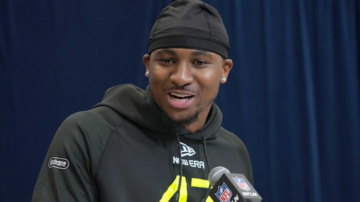 Boston College DE Donovan Ezeiruaku during the 2025 NFL Scouting Combine at the Indiana Convention Center.