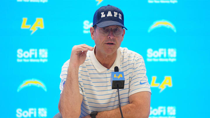 Los Angeles Chargers coach Jim Harbaugh at a press conference at The Bolt. Los Angeles Chargers coach Jim Harbaugh at a press conference at The Bolt.